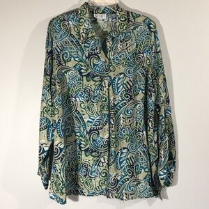 Silk Tiki Tropical Floral Long Sleeve Button Up Shirt Plus Size 1X Tan‎ Blue